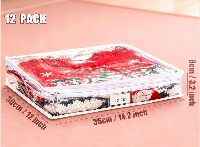 12Pcs Clear Storage Bags with Zipper, Blanket Storage Bags Plastic PVC Clothing Storage Bag, Bed Sheet Organizer Pillow (clear, 14.2 x 12 x 3.2 Inch)