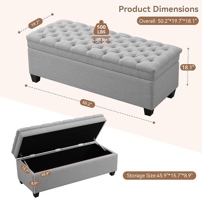 WUTUTUEE 51" Fabric Storage Ottoman Bench, Upholstered Rectangle End of Bed Storage Ottoman Tufted Living Room Bedroom Bench with Safety Hinge, Solid Wood Legs, Loads 500 lb(Light Grey)