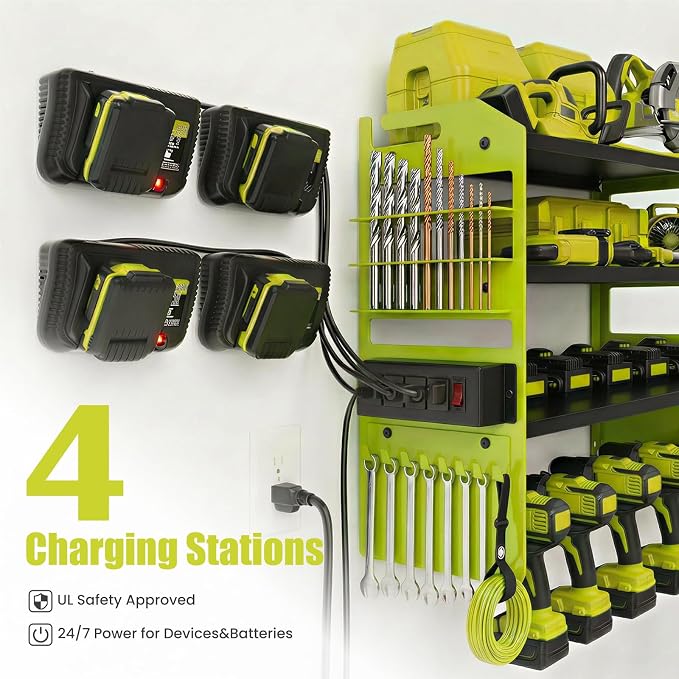 Power Tool Organizer Wall Mount, Includes Power Strip, GREEN | Heavy Duty 600 Lbs Metal Tool Storage Rack, 4-Tier Garage Drill Holder & Workshop Battery Management Station