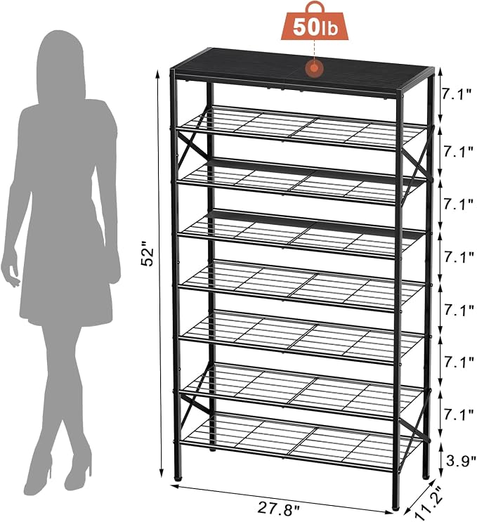 8 Tier Metal Shoe Rack with Wood Top, 24-32 Pairs Black | 52in tall maximizes vertical space. 2 iron sheets for heels. Remove a layer for tall boots. Versatile for home.