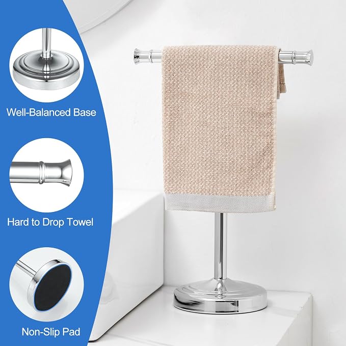 RUMOSE Polished Chrome Hand Towel Holder Stand Countertop Towel Rack | 13 Inch Bathroom Kitchen Vanity T-Shape Towel Stand Free Standing Stainless Steel Towel Bar Towel Ring