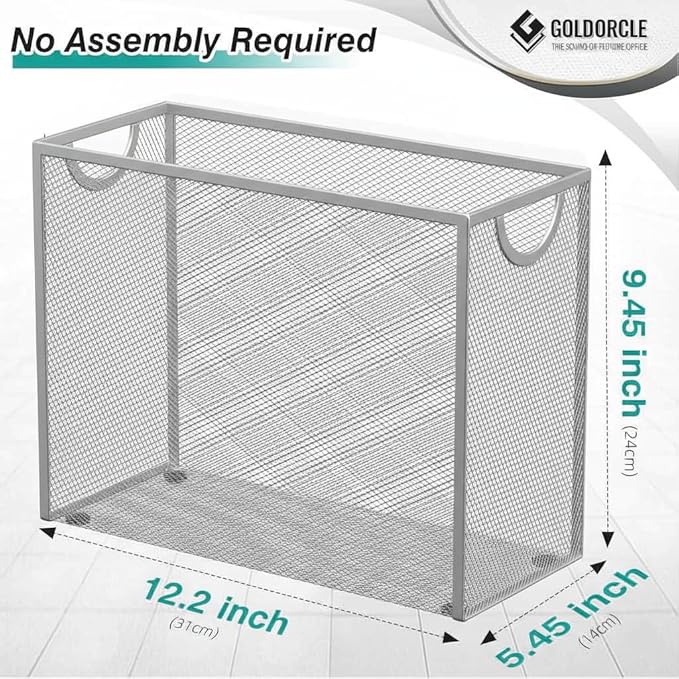 Letter-Size Hanging File Organizer (Silver, with 5 Grey Folders) | File Holder Filing Box for Desk, Metal Mesh Desk File Folder Storage for Office(No Assembly Required)