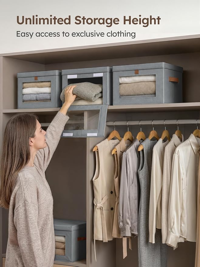 Homsorout Medium Fabric Storage bins - Collapsible Storage Bins with Open Window, 3 Pack Closet Baskets for Shelves, Stackable Decorative Boxes for Home, Dorm, Grey, 13.7"x 9.8" x 9.8"