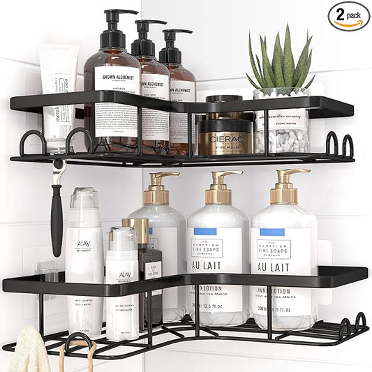 Sakugi Corner Shower Caddy - 2 Pack, Adhesive Shower Organizers, Rustproof Stainless Steel Shower Shelves with 8 Hooks, No Drilling Bathroom Organizers and Storage Racks, Space-Saving, Black, Large