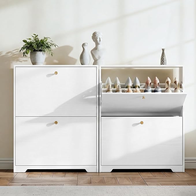 Nicetree Shoe Cabinet with 2 Flip Drawers, Modern Entryway Organizer, White | Narrow Shoe Organizer, Freestanding Shoe Rack Cabinet, Modern Shoe Storage Cabinet for Entryway, Hallway, Foyer, With Hook