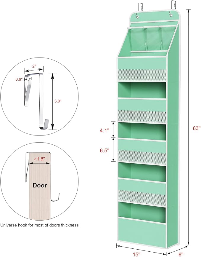 Univivi Fabric Over Door Hanging Organizer for Baby Nursery, Green, 6-Shelf | Door Storage with Large Capacity Breathable Mesh Pockets, Over Door Storage Organizer for Baby Essential, Bedroom, and Dorm