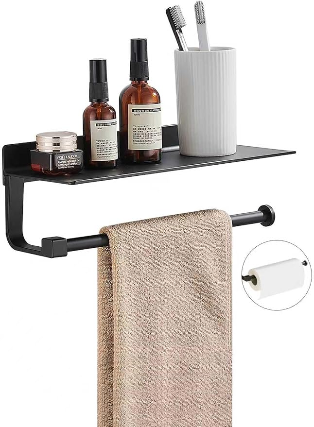 Hand Towel Holder for Bathroom -Paper Towel Holder Wall Mount - for Bathroom Black Paper Towel Holder with Shelf -Kitchen Towel Holder Black