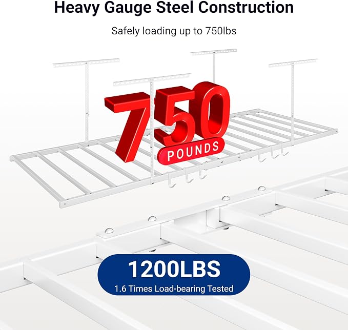 FLEXIMOUNTS 4x8 Overhead Garage Storage Rack with 6 Hooks, 2 Pack, White | 750lbs Capacity, 22.6"–39.4" Adjustable Dropdown, Heavy-Duty Metal Ceiling Racks, Storage Organization System, Lite Series