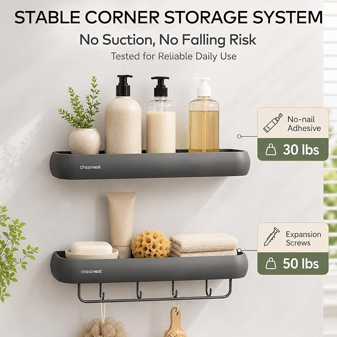 Shower Caddy Adhesive, No Drilling Rustproof Bath Organizer Shelf | Large Capacity,Includes Hooks&Hanging Bar, Aluminum Frame,2 Installation Ways,Wall-Mounted Bathroom Organizer Storage Shelves