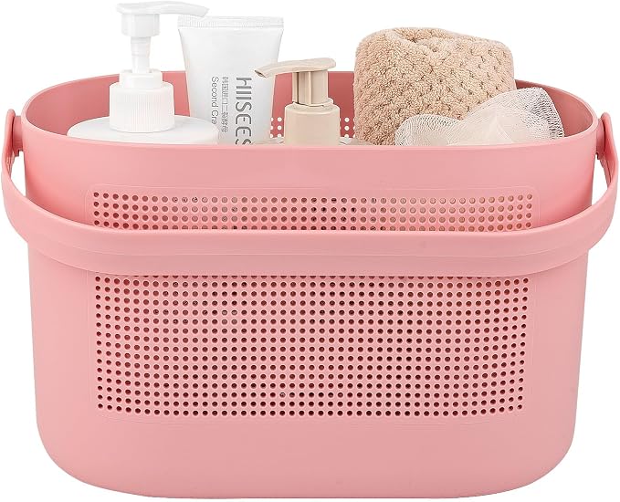 Plastic Portable Shower Caddy Basket, Storage Organizer with Handle, Pink | Bottom Drain Holes, Keep Dry, Sturdy and Durable, Easy to Carry for Bathroom, Kitchen, Dorm Room, RV, College