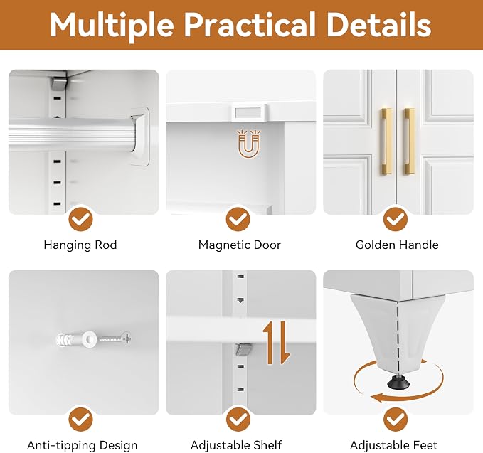 Polup 71" White Metal Wardrobe Closet with Doors and 1 Drawer | Tall Steel Armoire, Hanging Rod, Adjustable Shelves, Sturdy Freestanding Clothes Organizer for Bedroom, Laundry & Office