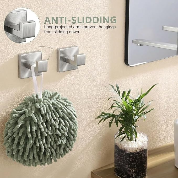 5-Piece Bathroom Hardware Set, 23.6 in Towel Bar, Brushed Nickel | SUS304 stainless steel, 55 mm square bases, concealed screw mount, towel ring, toilet paper holder, 2 robe hooks