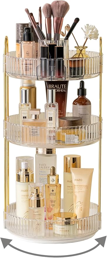Asayuee 360 Rotating Makeup Organizer,3 Tier Large Capacity Make Up Organizers and Storage,Skincare Perfume Vanity Organizers,Bathroom Cosmetics Storage Organizer Countertop(Clear)