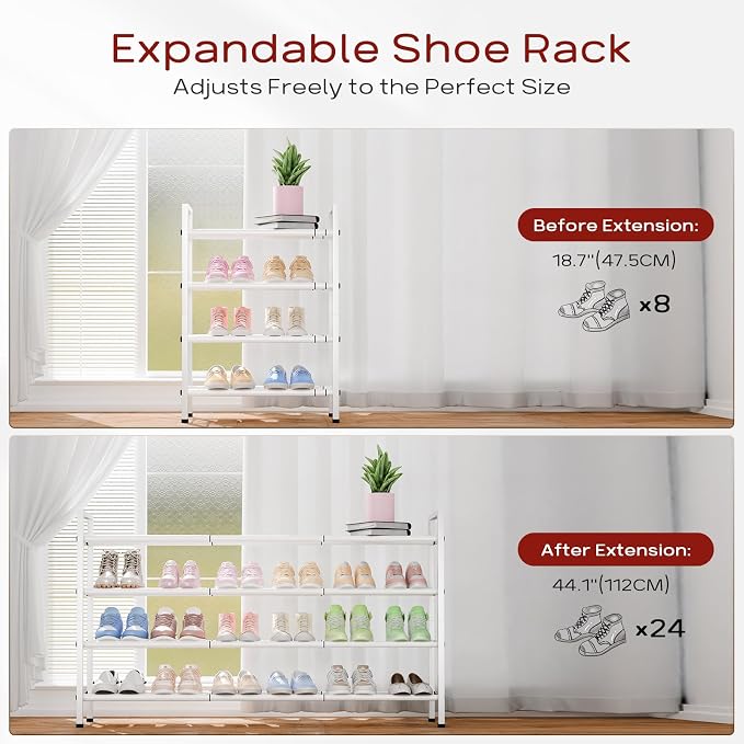 Bumusty 4 Tier Long Expandable Shoe Rack for Closet, White | 18"-44" Adjustable Shoe Rack for Entryway, Shoe Organizer for Dorm, Front Door, Sturdy Metal