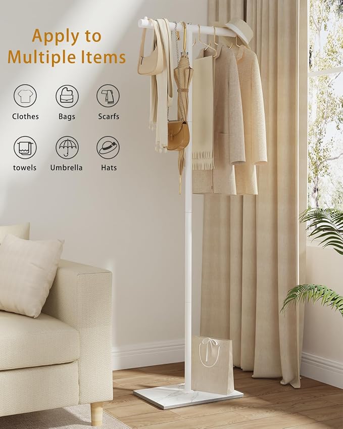 OUTBROS Freestanding Coat Rack, 68.9" High Small Clothes Rack, White | Coat Tree with Rock Base, T Shaped Clothe Rack, Coat Hanger Stand Suitable for Bedroom, Hallway, Entrance