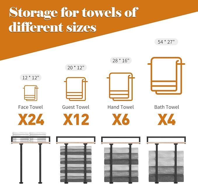 Xstydes Towel Racks for Bathroom Wall Mounted, Metal Towel Holder with Wooden Shelf for Folding Large Towels, Towel Storage for Small Bathroom Organizer Decor or RV Camping
