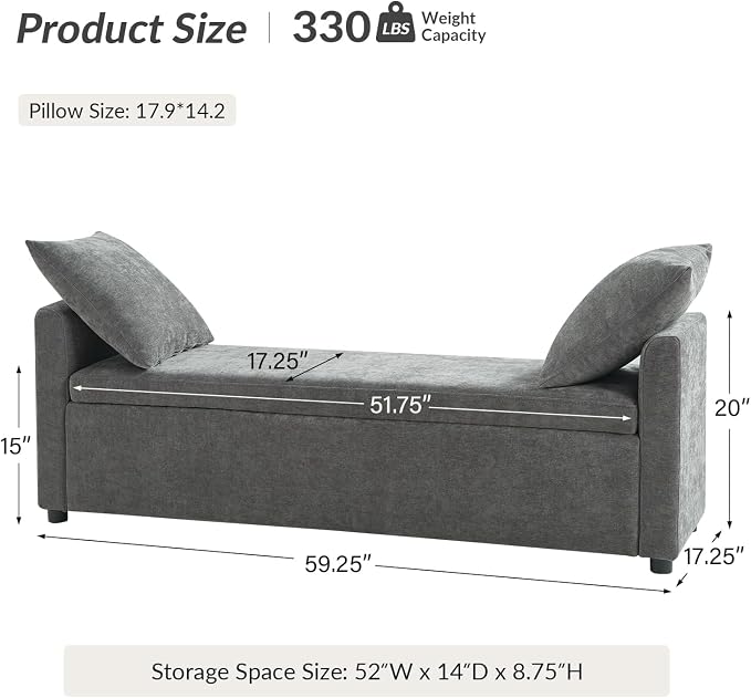 HULALA HOME 59" Storage Bench with 2 Throw Pillows & Armrests, Charcoal | Modern Long Bedroom Bench for End of Bed, Comfy Upholstered Fabric Footstool for Entryway Living Room