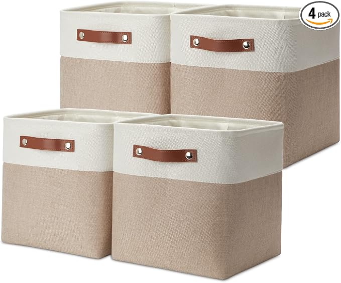 DULLEMELO 11 inch Cube Storage Bins, Large Collapsible Grey Storage Baskets for Square Cubes Organizing, Fabric Boxes Bins for Shelves Nursery Home Office Storage(4 Pack - 11" White&Khaki)