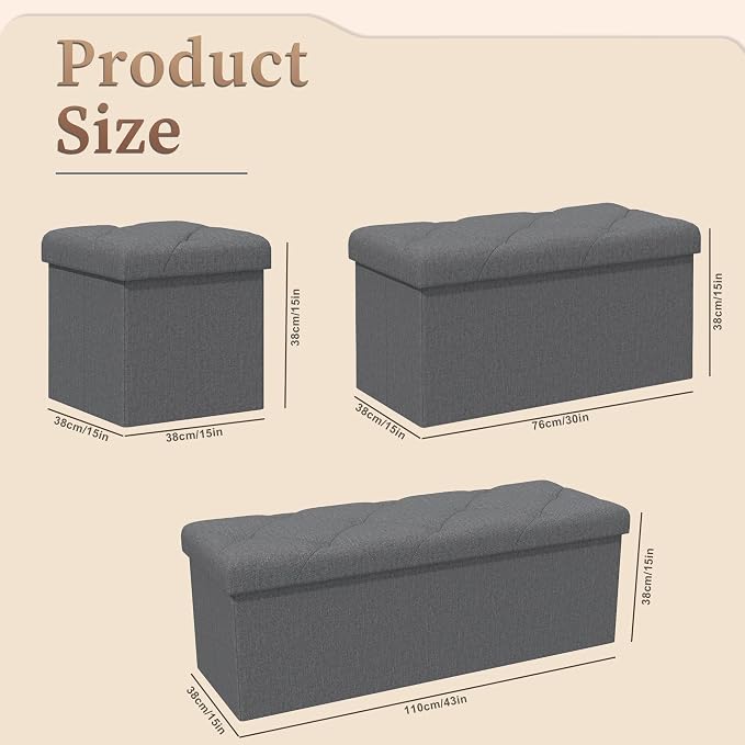43 inch Storage Ottoman Bench, 30 inch Folding Storage Bench Ottoman, for Bedroom, Living Room, and Utility Room, Grey