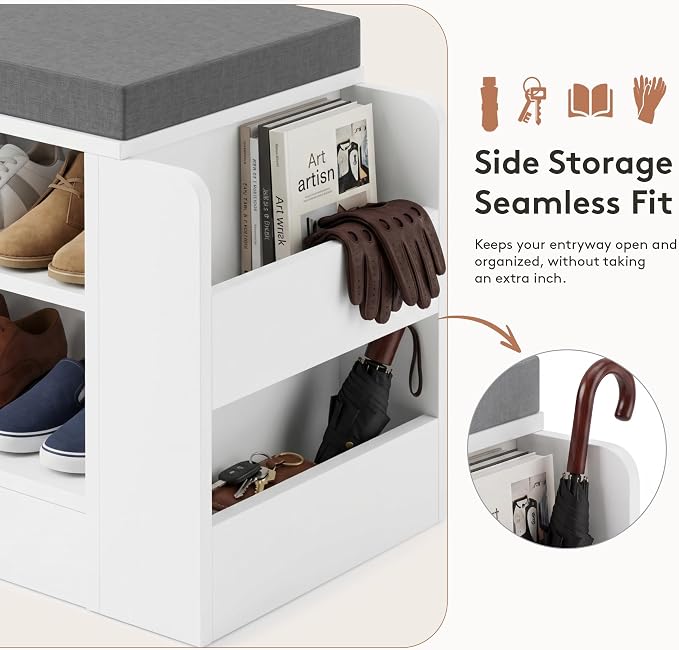 GRUSIGN 27.8" Shoe Storage Bench with Cushion, Entryway Shoe Cabinet, White | 3-in-1 Shoe Storage Bench, Adjustable Shelves, Removable Cushion, 300 lbs Capacity, Entryway, Apartment, Families