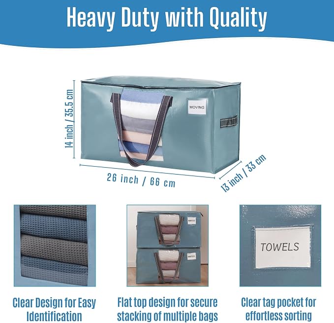 VENO Moving Bags, Wide Open Top, Clear Window, Light Blue, 6 Pack | Moving boxes Alternative, Heavy Duty, Storage Bags, Clothes and Comforter Storage, Packing Supplies, College Dorm Essentials