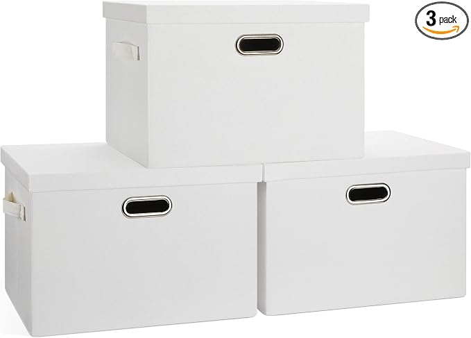 Storage Bins with Lids Fabric Closet Organizers Cubes Office Organization | 36 Quart 3 Pack White Collapsible Stackable Linen Fabric 4 Handles Bedroom Closet Cabinet Under Bed Clothes Toy Office File