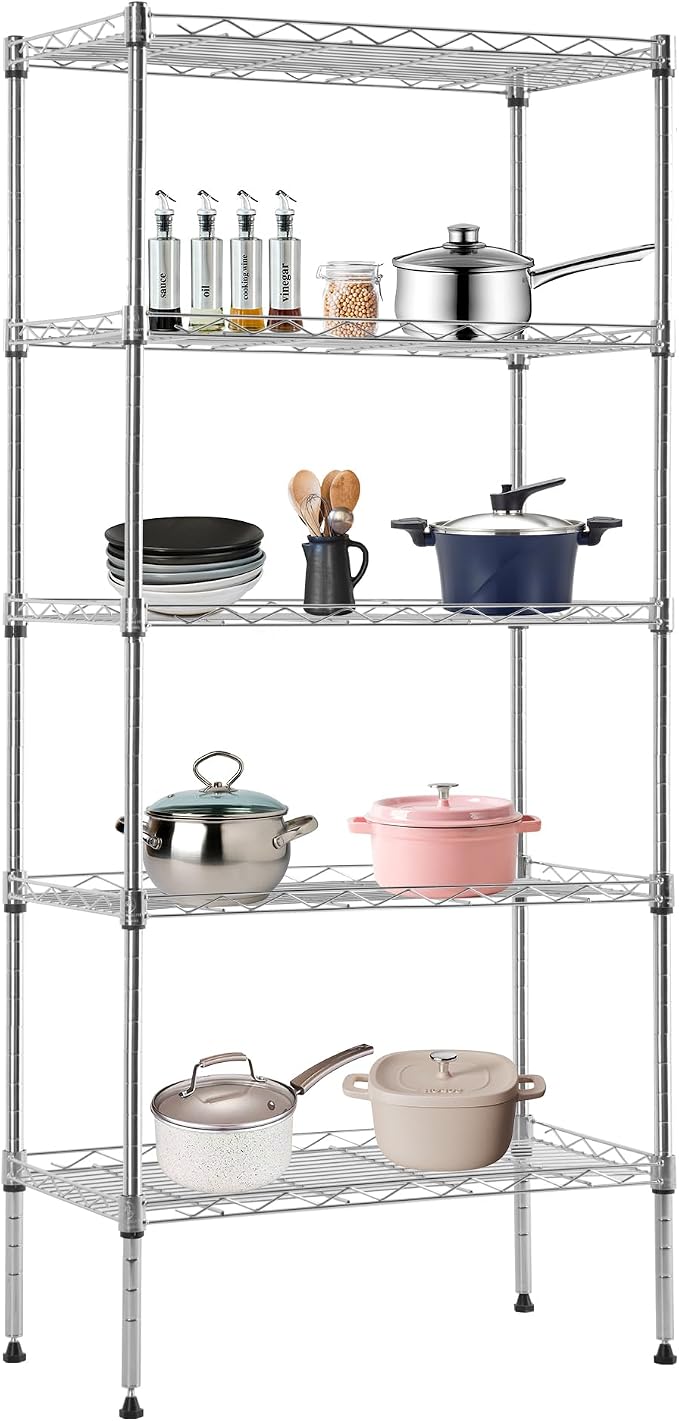 BestOffice | 5-Tier Wire Shelf | 22" x 12" x 48" | Chrome | Storage Shelves with Adjustable Racks, Holds upto 750 lbs | Rust-Resistant, No-Tool Assembly | For Home, Garage