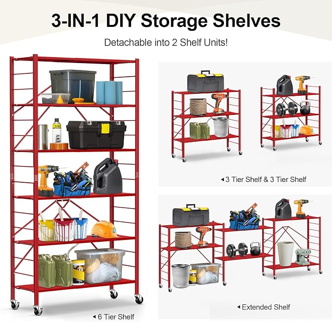 Himix 6-Tier Expandable Storage Shelves Wheels Foldable Shelf Garage Red | Folding shelving units, Metal collapsible organization, Changeable into 2 shelf units, Adjustable, Basement, Holds 3600 Ibs