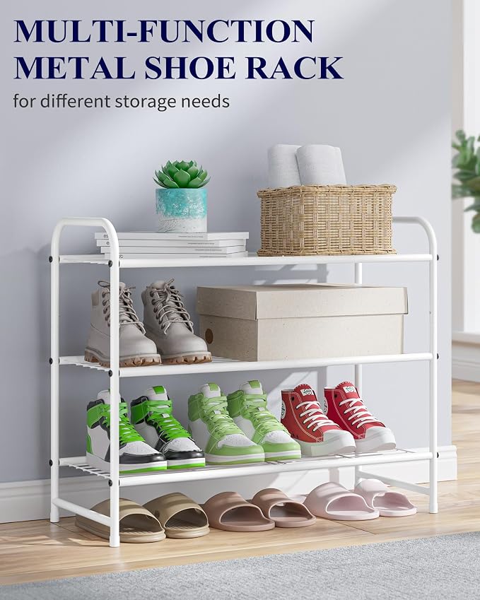 Kitsure Stainless Steel Shoe Rack Organizer, 25.6" Wide - 3 Tier, White | Sturdy Shoe Rack for Closet and Entryway, Free Standing Shoe Shelf, Closet Organizers and Storage