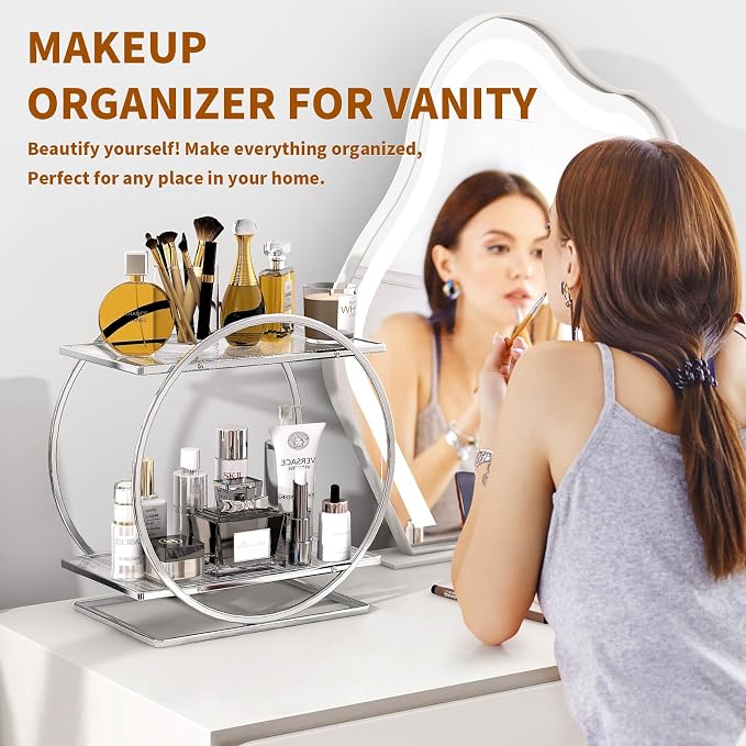 Makeup Perfume Organizer, Sliver 2-Tier Bathroom Counter Organizer | Bathroom Countertop Shelf Organizer, Makeup Organizer for Vanity, Perfume Stand for Dresser, Skincare Storage Make Up Holder