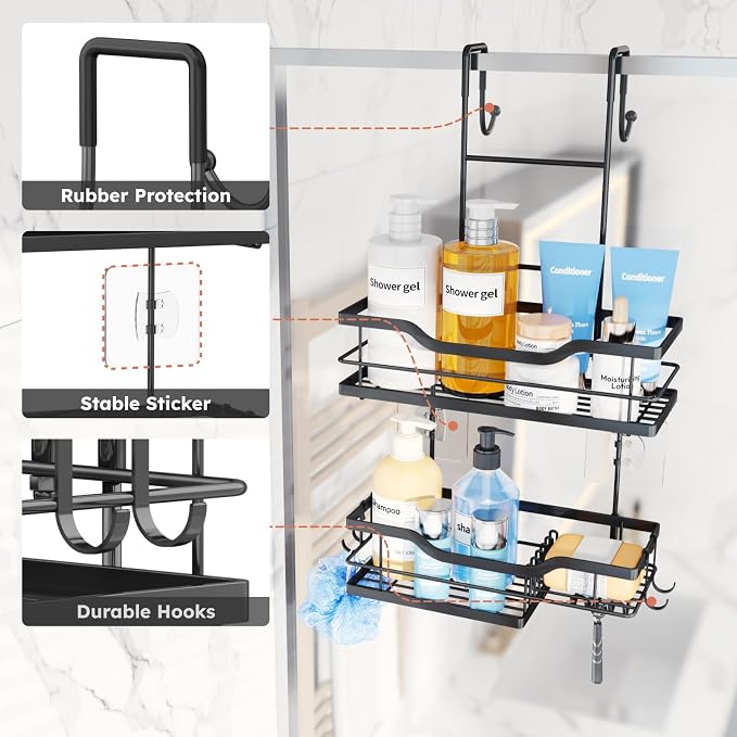 Consumest Over Door Shower Caddy - 2 Tier Shower Shelves Hanging with Soap Holders, Large Capacity Shower Organizer with 4 Hooks, Bathroom Rack and Storage, Black