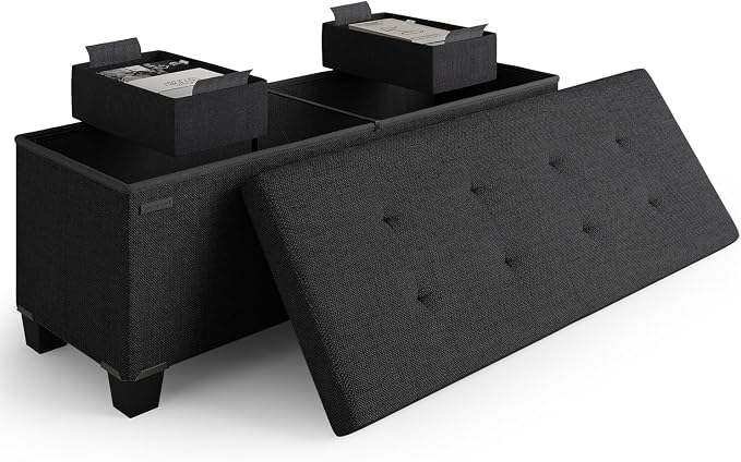 Storage Ottoman Bench with Bins, 43-in Storage Bench for Bedroom End of Bed, Folding Foot Rest Ottoman for Living Room Max 660lbs, Fabric Ottomans, Black