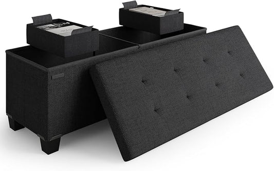 Storage Ottoman Bench with Bins, 43-in Storage Bench for Bedroom End of Bed, Folding Foot Rest Ottoman for Living Room Max 660lbs, Fabric Ottomans, Black