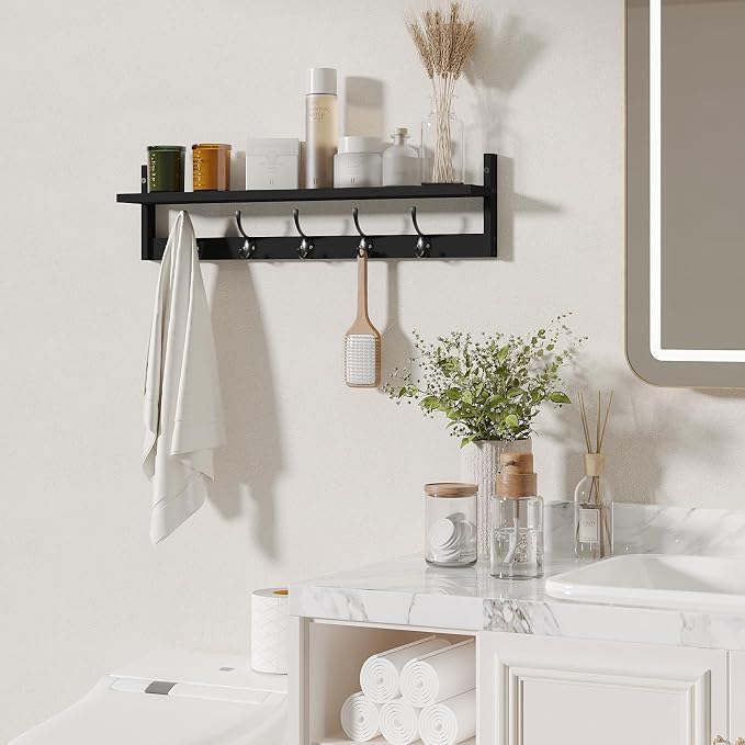 BAMEOS Wall-Mounted Shelf with Hooks - 28.9 Inch Entryway Hanging Shelf with 5 Dual Hooks for Bathroom, Living Room, Bedroom (Black)