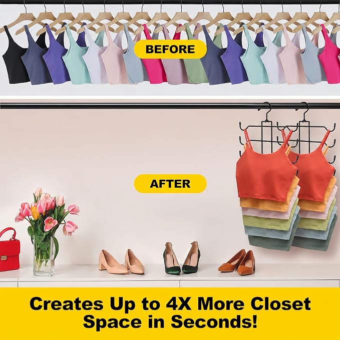2 Pack Tank Top Hanger Space Saving, Stainless Steel Bra Hangers for Closet Organizer, Closet-Organizer-and-Storage for Small Space, Non-Slip 6-Tier Hanging System, RV Apartment Dorm-Room-Essentials