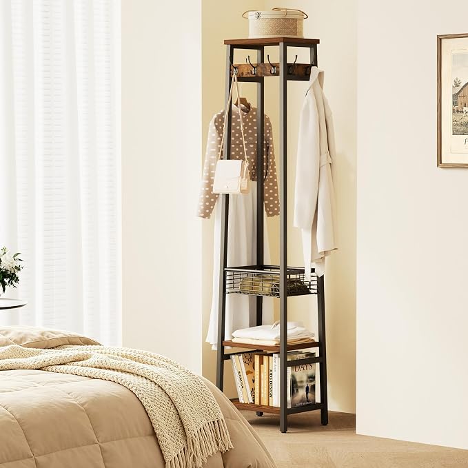 Coat Rack with Metal Basket and Storage Shelves | Coat Stand Freestanding, Hall Tree With and 7 Hooks, Clothes Rack Stand Organizer, Rustic Brown and Black