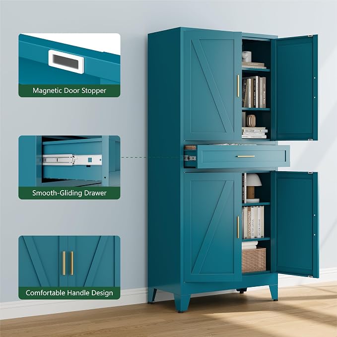 Bevivog 71" Kitchen Pantry Cabinet, Metal Storage Cabinet with Drawer, 2 Doors and 4 Adjustable Shelves Cabinet for Home Office Laundry Living Room Farmhouse Blue Metal Pantry