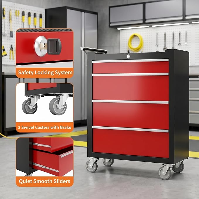 Garvee Rolling Tool Chest, 4 Drawers Tool Storage Cabinet, Toolbox with Wheels, Portable Tool Cabinet Organizer with Locking System & Drawer Liners, Tool Storage Cart for Garage, Workshop, Black＆Red