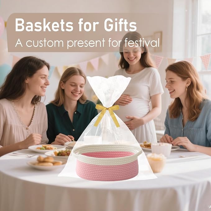 JMvicyroam Small Woven Basket, Empty Gift Basket, White&Pink/1 Pack | Small Gift Basket, Cotton Rope, 12 x 8 x 69 in, Handles, Includes Ribbon and Bag, Birthday Gift Basket