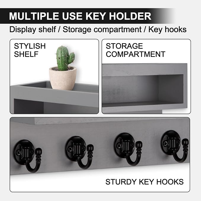Key and Mail Holder Wall Mount, Key Hanger with Long Storage Box and 6 Hooks for Coat, Dog Leash, Home Decor Rack, House Accessories, Entry Way Organizer