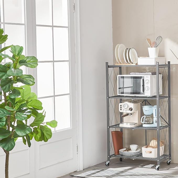 BRIAN & DANY 4-Tier Foldable Storage Shelves with Wheels, Folding Metal Rack Shelving Unit, Heavy Duty No Assembly Organizer Shelf for Garage, Kitchen, Basement, Pantry, Gray