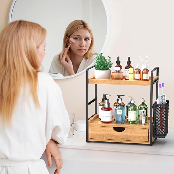 Bathroom Counter Organizer with Drawer and Basket,Wood Countertop Organizer for Bathroom Decor Makeup Tray for Perfume Skincare Bedroom Kitchen Corner