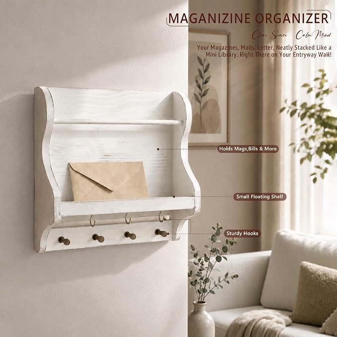 Pine Wood Mail Organizer Wall Mount with 7 Hooks for Home Decor, Whitewash | Mail Holder for Wall, Sunglasses and Wallets, Key Hanger, Farmhouse Magazine Holder, Wall Storage, Apartment Rustic Aesthetic