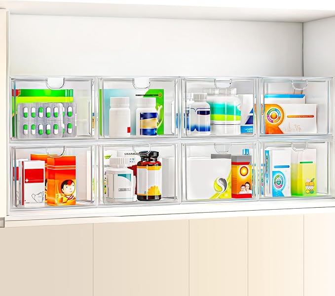 caktraie 6-Pack Stackable Acrylic Storage Drawers, Small | Smooth-glide drawers, stackable, clear body, dustproof, wipe clean, 6 small, for art tools, makeup, under sink, pantry