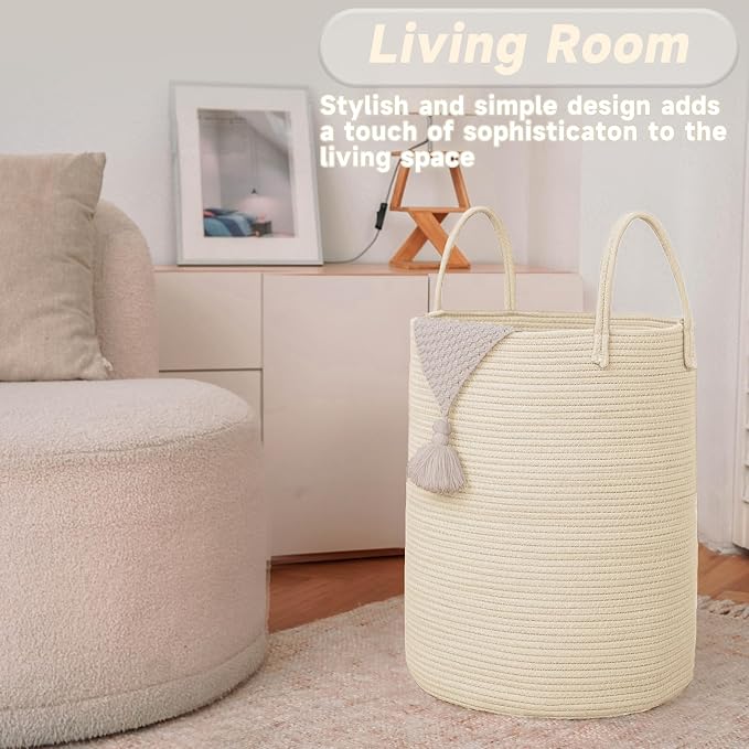 JMvicyroam 60L Cotton Rope Laundry Basket Hamper, Beige | Collapsible laundry basket, reinforced handles, freestanding, machine washable, holds 3-5 thick blankets, clothes or toys