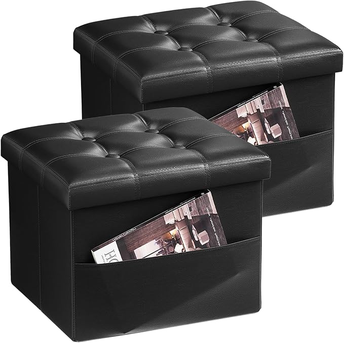 Bsketa Storage Ottoman Bench, 16" Folding Leather Foot Rest, Black 2 Pack | Small Ottoman with Side Pockets, Thicker Foam Padded Seat, Livingroom, Dorm, Bedroom, Easy to install, 38L, 16x12x12in