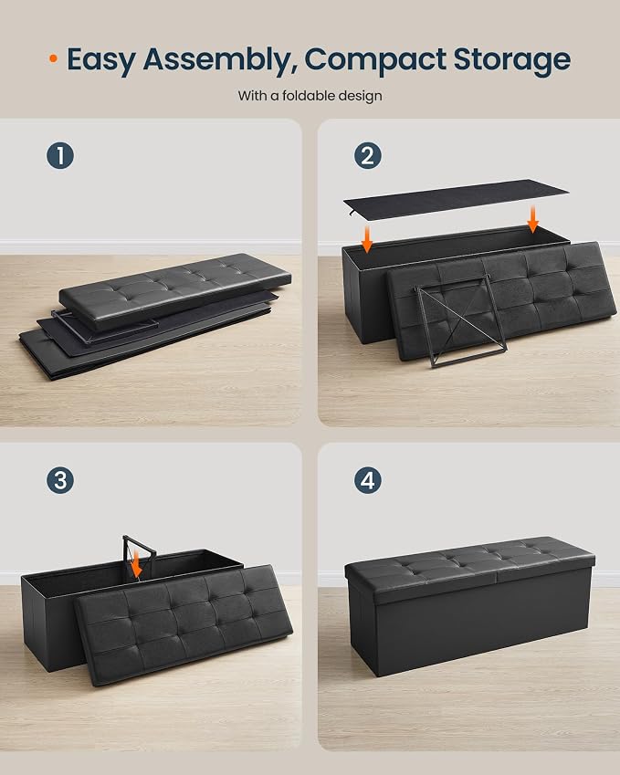 SONGMICS Home Foldable Foot Rest Stool, Storage Ottoman, Tufted Design, PU Leather, Easy Assembly and Cleaning, for Entryway, Living Room, Bedroom, 43.2 Inches, Black