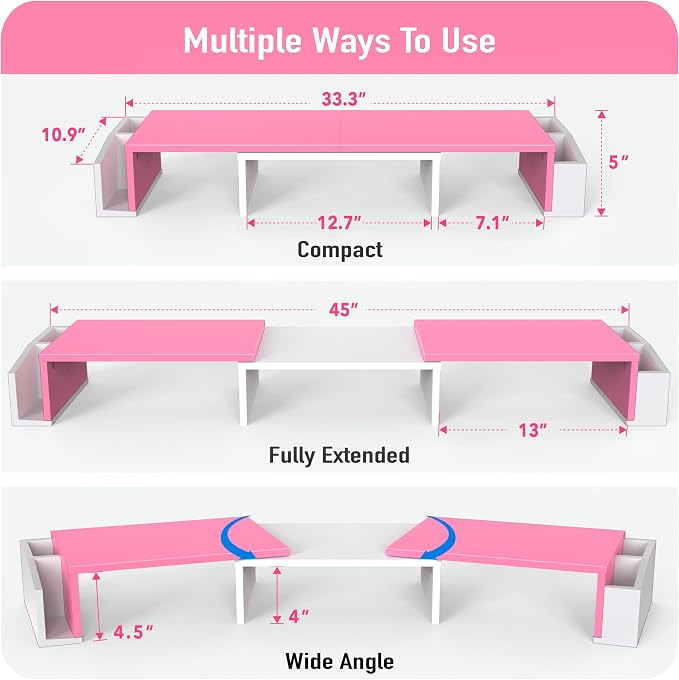 Simple Houseware Desk Dual Monitor Stand Riser with Drawer, Pink | Customizable Organizer Tray, Built-In Phone & Tablet Slot and Side Storage