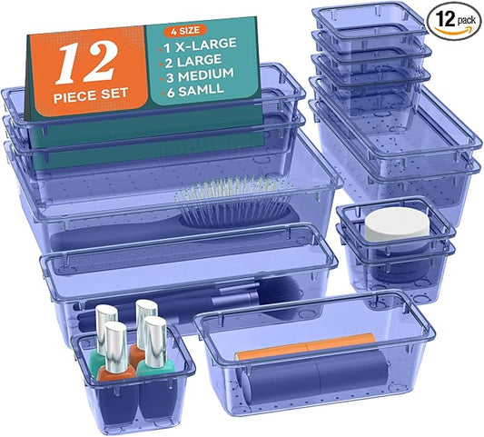 12 PCS Drawer Organizer Set, Makeup Organizer, Tool Storage Tray, Navy Blue | 4 Sizes, Plastic, Stackable, Multiple Gadgets, Desk Drawer Divider Organizers, for Makeup, Office Supplies Storage