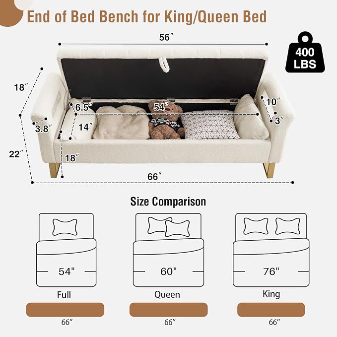 66" King Size Storage Bench for Bedroom End of Bed Benches with Storage | Bedroom Benches for Foot of Bed King with Gold Legs,2 Pillows,Storage Ottoman Bench for Bedroom,Entryway Teddy Ivory White